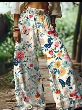 White Floral & Bird Print Lounge Pants